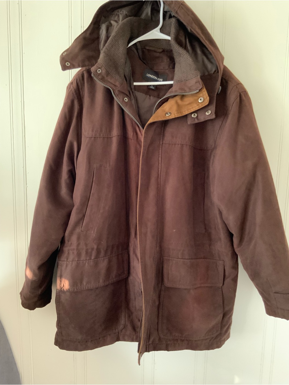 London Fog Men's Brown Hooded Field Coat with Tan Trim